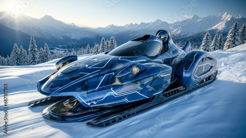 Prototype Concept of a Futuristic High-Speed Vehicle Driving over a Snow-Covered Landscape in the snow-covered Mountains in the Alps Brainstorming Background Cover Poster Digital Art Backdrop 