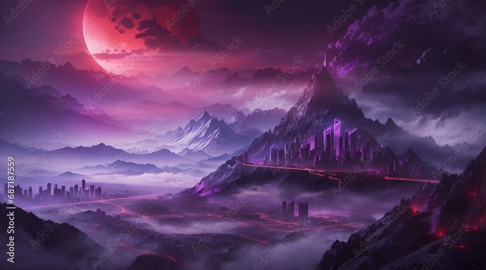 fantasy mountain wallpaper 4k. fantasy mountain city wallpaper. Fantasy landscape of mountain with futuristic city and red moon. 
