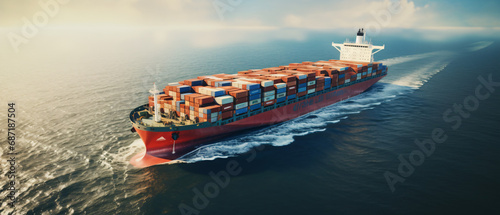 Aerial view of a large loaded container cargo ship