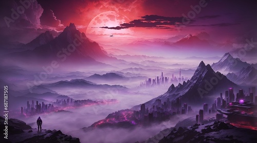 fantasy mountain wallpaper 4k. fantasy mountain city wallpaper. Fantasy landscape of mountain with futuristic city and red moon. 
