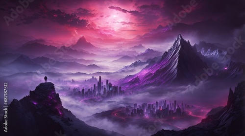 fantasy mountain wallpaper 4k. fantasy mountain city wallpaper. Fantasy landscape of mountain with futuristic city and red moon. 