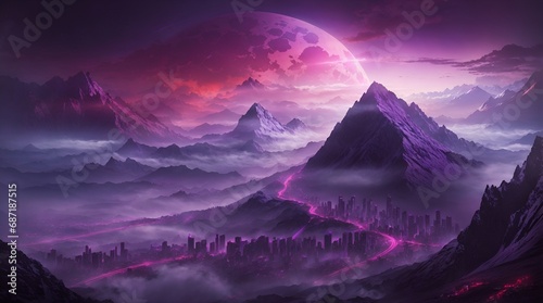 fantasy mountain wallpaper 4k. fantasy mountain city wallpaper. Fantasy landscape of mountain with futuristic city and red moon. 