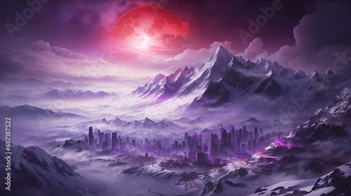 fantasy mountain wallpaper 4k. fantasy mountain city wallpaper. Fantasy landscape of mountain with futuristic city and red moon. 