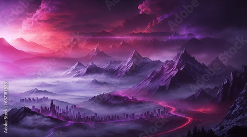 fantasy mountain wallpaper 4k. fantasy mountain city wallpaper. Fantasy landscape of mountain with futuristic city and red moon. 