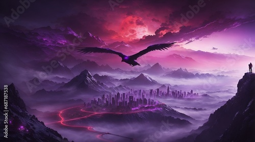 fantasy mountain wallpaper 4k. fantasy mountain city wallpaper. Fantasy landscape of mountain with futuristic city and red moon. 