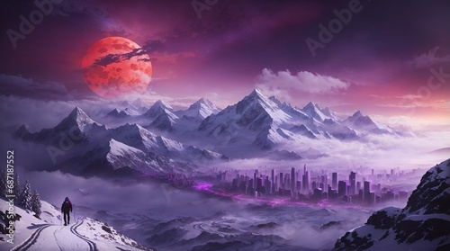 fantasy mountain wallpaper 4k. fantasy mountain city wallpaper. Fantasy landscape of mountain with futuristic city and red moon. 