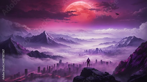 fantasy mountain wallpaper 4k. fantasy mountain city wallpaper. Fantasy landscape of mountain with futuristic city and red moon. 