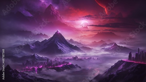fantasy mountain wallpaper 4k. fantasy mountain city wallpaper. Fantasy landscape of mountain with futuristic city and red moon. 