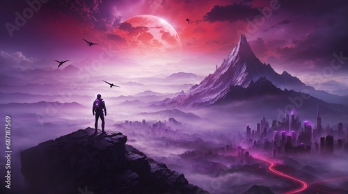 fantasy mountain wallpaper 4k. fantasy mountain city wallpaper. Fantasy landscape of mountain with futuristic city and red moon. 