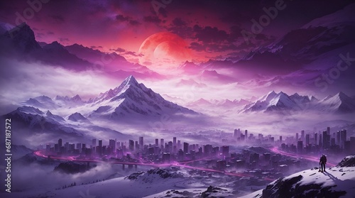 fantasy mountain wallpaper 4k. fantasy mountain city wallpaper. Fantasy landscape of mountain with futuristic city and red moon.  photo