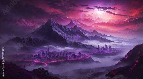 fantasy mountain wallpaper 4k. fantasy mountain city wallpaper. Fantasy landscape of mountain with futuristic city and red moon. 