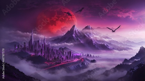 fantasy mountain wallpaper 4k. fantasy mountain city wallpaper. Fantasy landscape of mountain with futuristic city and red moon. 
