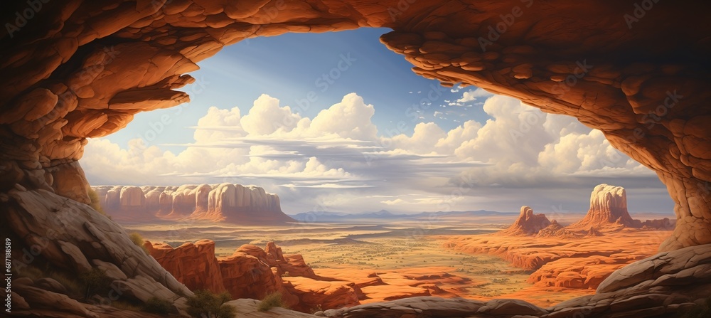 Inside sandstone cave entrance with scenic view of desert valley - midday sunshine shelter from the hot and dry weather - distant mountain buttes and rain clouds in the sky over valley. 
