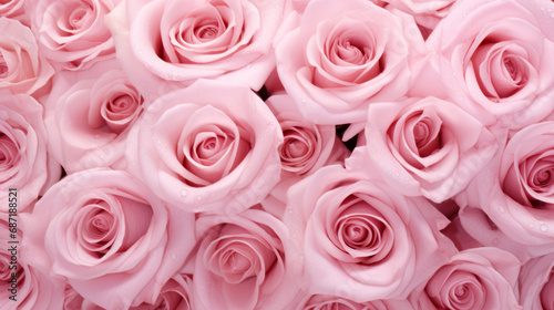 Closeup view of many rose flowers. Pink roses background