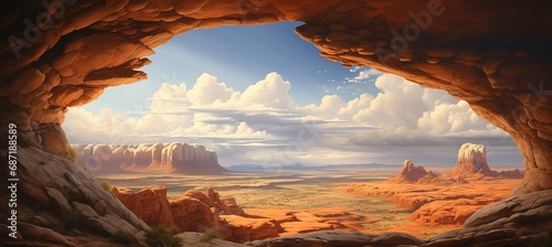 Inside sandstone cave entrance with scenic view of desert valley - midday sunshine shelter from the hot and dry weather - distant mountain buttes and rain clouds in the sky over valley. © SoulMyst