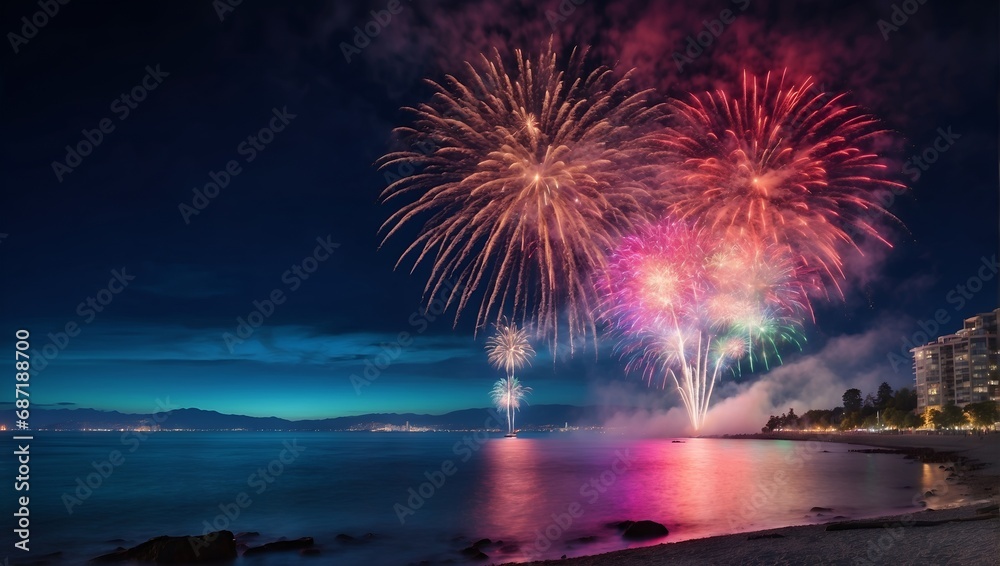 Colorful fireworks at English Bay against sky