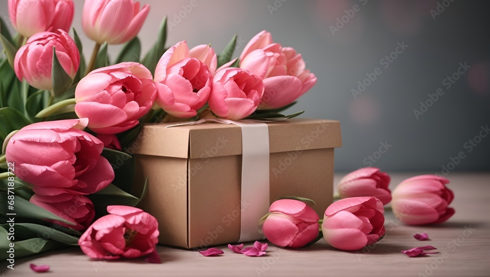 Gift box with a bouquet of pink tulips.