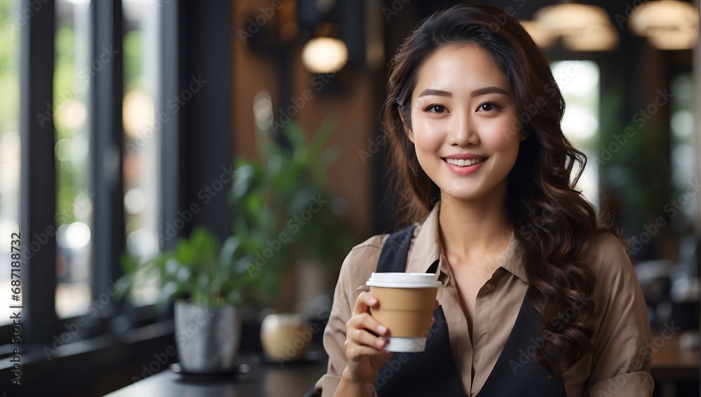 Happy asian female business owner drink coffee Happy asian female business owner drink coffee
