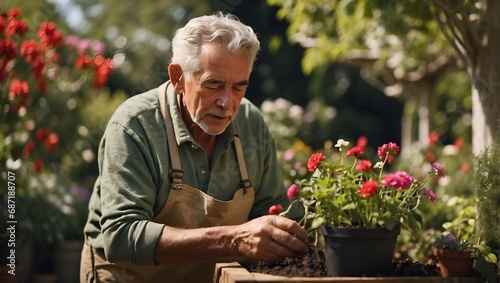 Gardening Therapy. A Senior Gardener Nurturing Plants in a Tranquil Garden