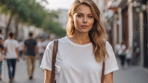 Girl in blank white t-shirt with eco bag handbag on the street