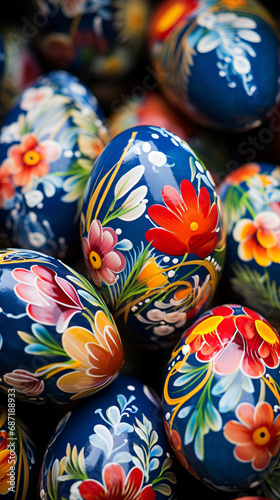 Close up of painted Easter eggs with floral patte