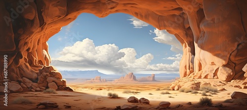 Inside sandstone cave entrance with scenic view of desert valley - midday sunshine shelter from the hot and dry weather - distant mountain buttes and rain clouds in the sky over valley. 