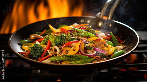 Wok stir fry. Close up photo of wok stir fry with assorted chopped vegetables such as carrots, beans, red and yellow pepper photo