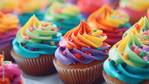 Delicious rainbow colored cupcake decorated photo