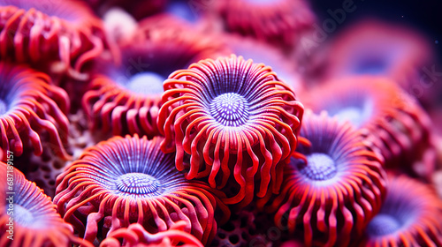 Close up of red and blue corals in the ocean. Macro shot