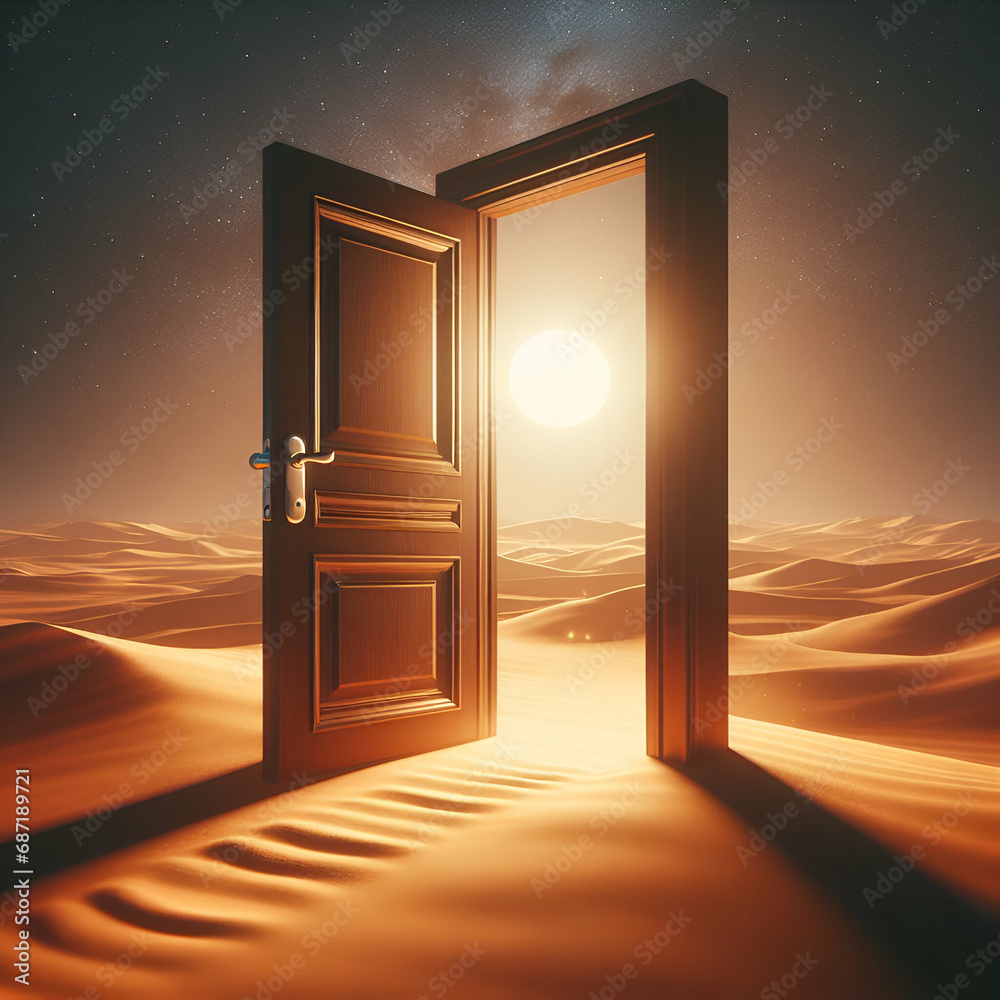 Opened door on desert. Unknown and start up concept. This is a 3d illustration
