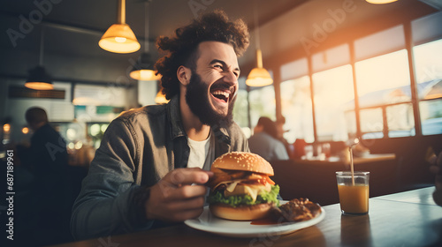 Happy man eating hamburger, man eating hamburger