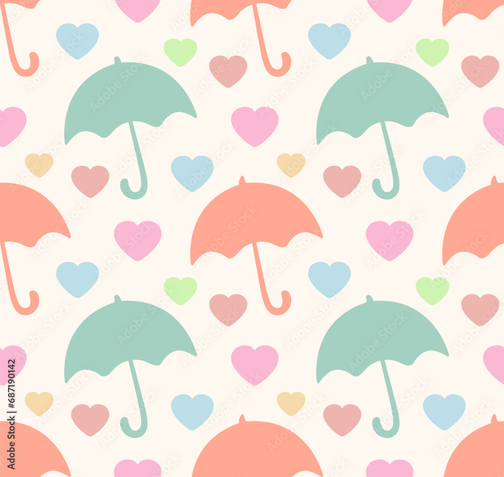 Сute autumn seamless vector pattern with umbrellas, and hearts. Abstract love design. Romantic wallpaper for Valentine’s Day,
greeting card, child clothes, textile, home decor, wallpaper.