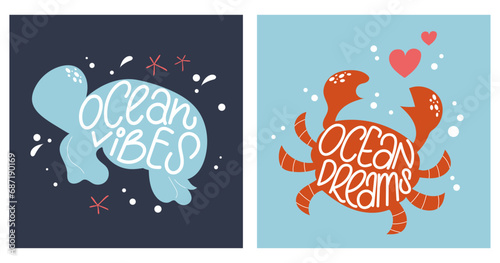 Photography Set of two posters with turtle and crab silhoette
