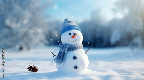 White Christmas holiday. Winter snowman with gift box