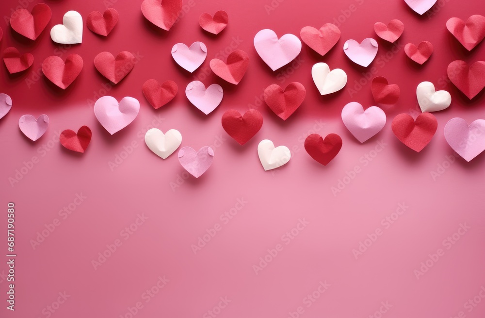 A bunch of paper hearts on a pink background