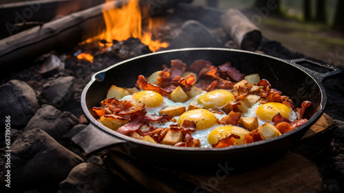 Campfire breakfast of eggs bacon and potatoes