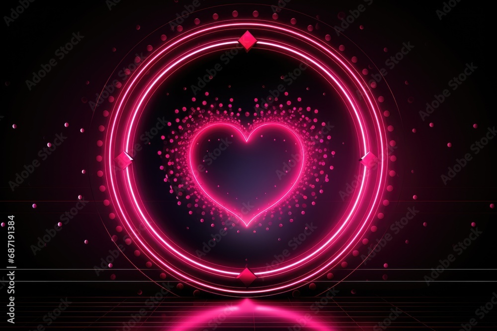 A neon heart in a circle with a reflection on the floor