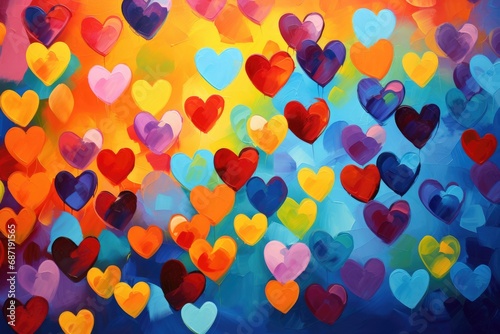 A painting of many hearts floating in the air