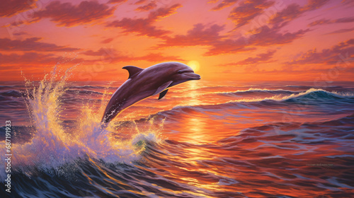 dolphin With the sunset as its backdrop © artist