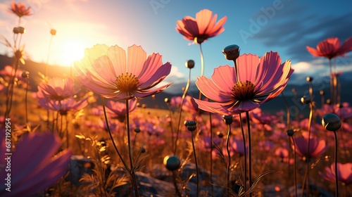 Selective Focus Colorful Cosmos Flower Field, Background Image, Desktop Wallpaper Backgrounds, HD