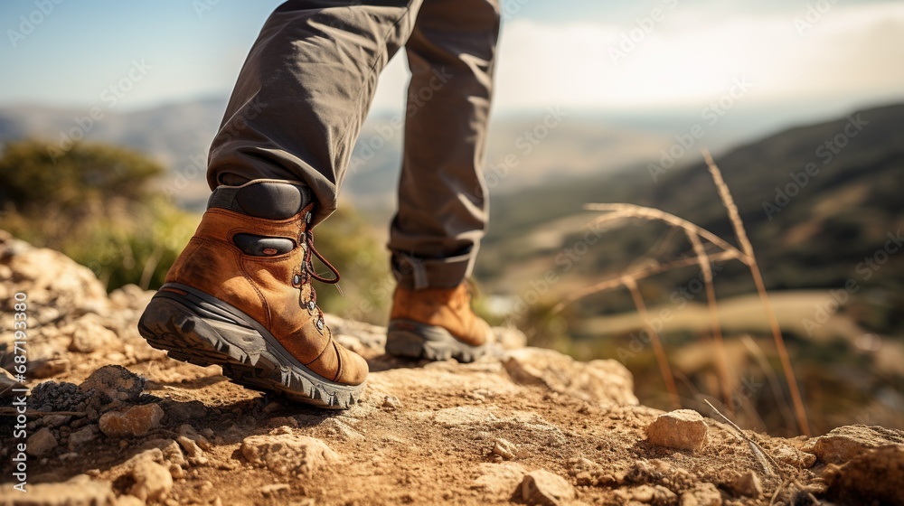 Man hiking up a mountain trail with a close-up of his leather hiking boots. The hiker shown in motion - obrazy, fototapety, plakaty 