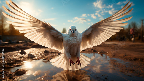 Dove flying under a blue sky