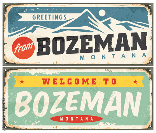 Welcome to Bozeman Montana retro signs set. USA vintage travel signs and souvenires. Places and cities vector illustration. 