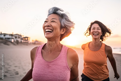 Together Towards Health: Happy smiling diverse Senior women Engaged in Joint Jog, running together at the beach Fit elderly people having fun doing sport endurance workout together outdoor