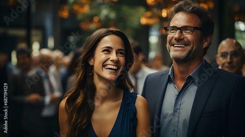 Business: a happy man and a woman of European, American appearance in business suits of a strict dress code as business partners in the office negotiate and smile. Generation Ai