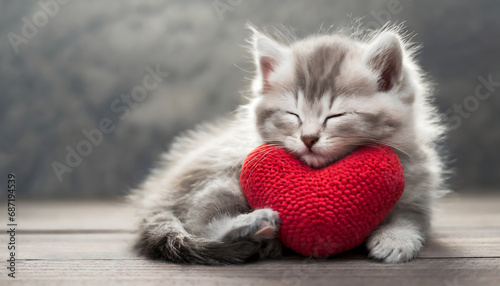 cute kitten hugging a red heart shaped soft fluffy pillow - love concept - valentines day