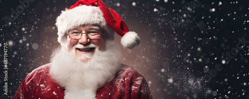 A portrait smiling Santa Claus for the camera on the one colour background. © Michal