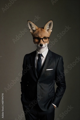 a fox wearing glasses and a suit with a tie, with a black background