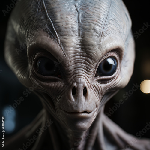 portrait of an alien from outer space with large black eyes	
