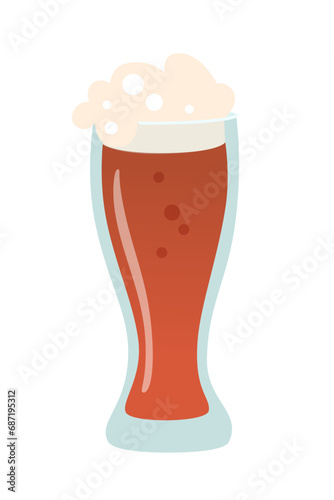 Glass of dark beer with foam vector illustration. Cartoon cold summer men brown drink isolated on white background. Celebration with toasts and cheers. Party, football time. Friends in pub, bar